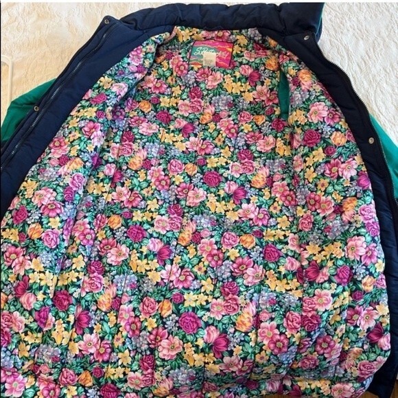 Vintage 80s Rothschild Coat Girls 12 Womens S/M Turquoise Floral Puffer Jacket - Picture 8 of 9